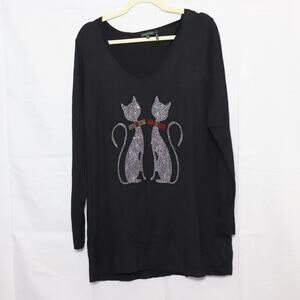 Tricotto Black Rhinestone Cat Graphic Long Sleeve Top‎ Size XL